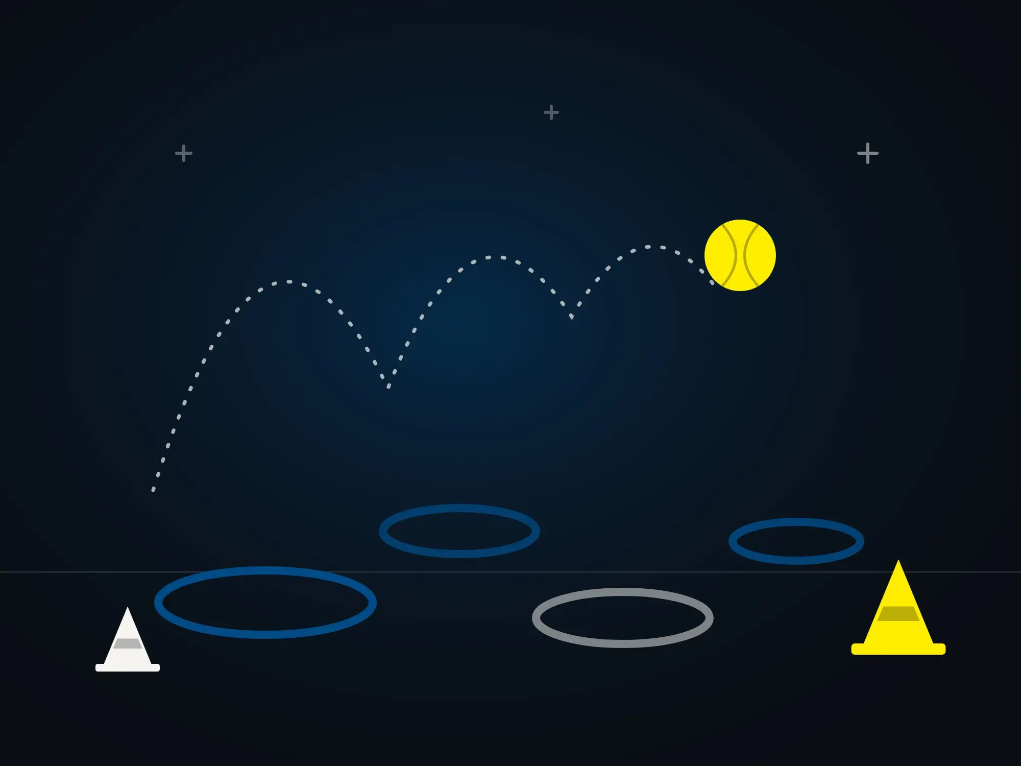 Grafik: Reifen, Hütchen und ein springender Ball