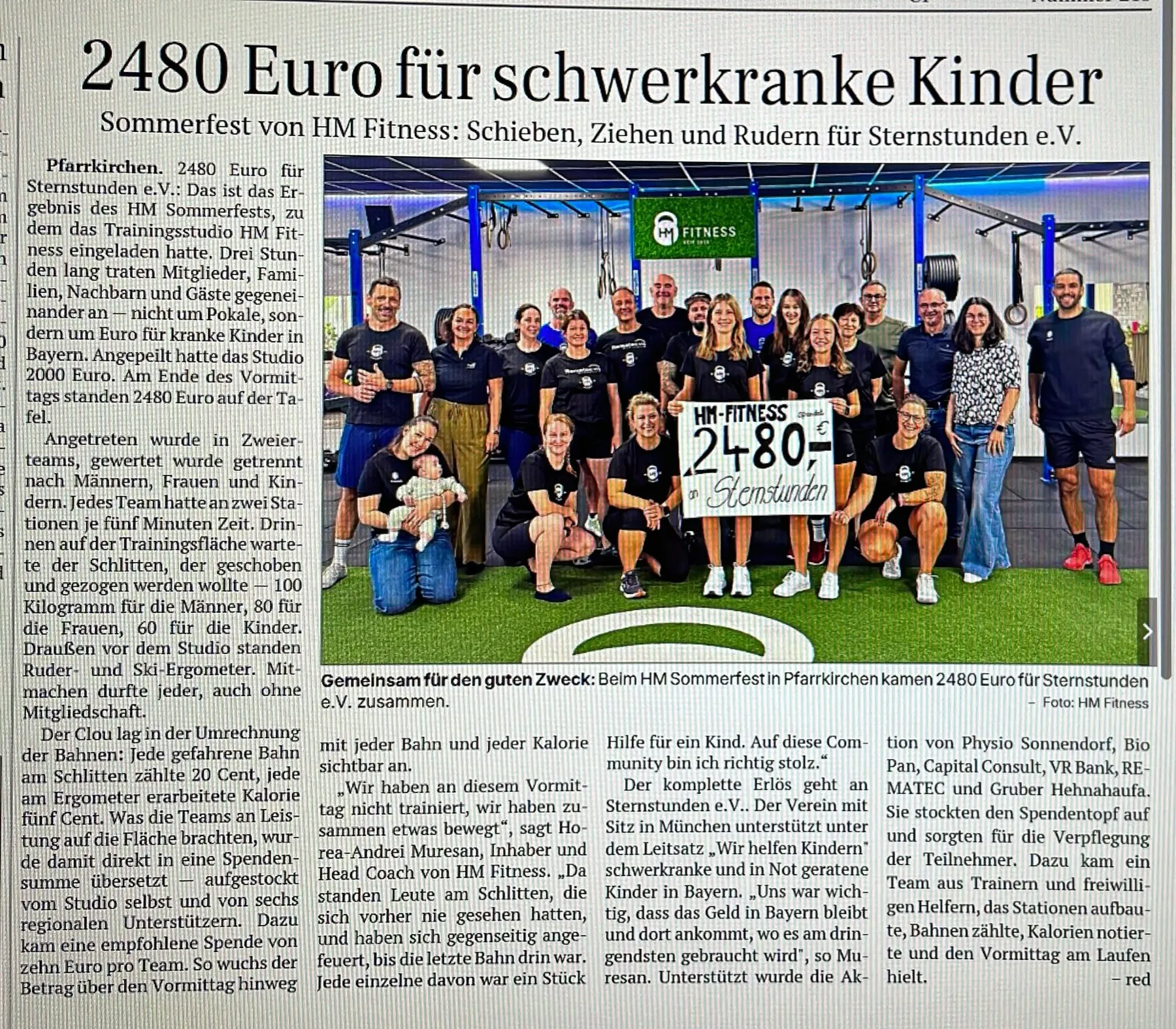 Zeitungsbericht der Passauer Neuen Presse — 2480 Euro für schwerkranke Kinder, Sommerfest von HM Fitness